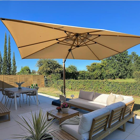 PURPLE LEAF 10‘ x 13’ Rectangle Patio Cantilever Umbrella Large Hanging Umbrella Teak Finished Aluminum Frame Windproof Offset Outdoor Sun Umbrellas for Beach Pool Deck, Beige