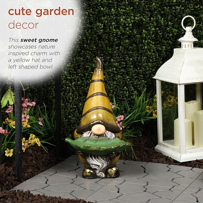 Alpine Corporation MCC854 Vintage Gnome Holding Leaf Bird Feeder with Hat, Playful Decor for Garden & Patio, 19" H, Yellow