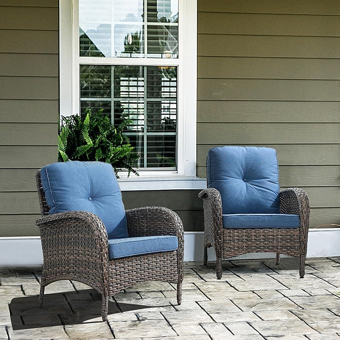 Belord 7 Piece Outdoor Patio Wicker Furniture Sets with Swivel Rocker Chairs, Rattan Loveseat Conversation Sets for Patio Deck Backyard Poolside, Blue Cushion