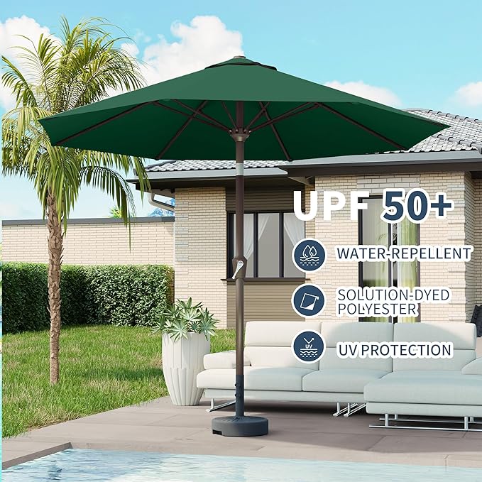 PatioKingdom 10FT Patio Umbrella with Push Button Tilt and Crank, Outdoor Market Umbrella with 8 Fiberglass Ribs, UV Protection Table Umbrella for Pool,Backyard,Garden,Deck(Dark Green, 10FT)