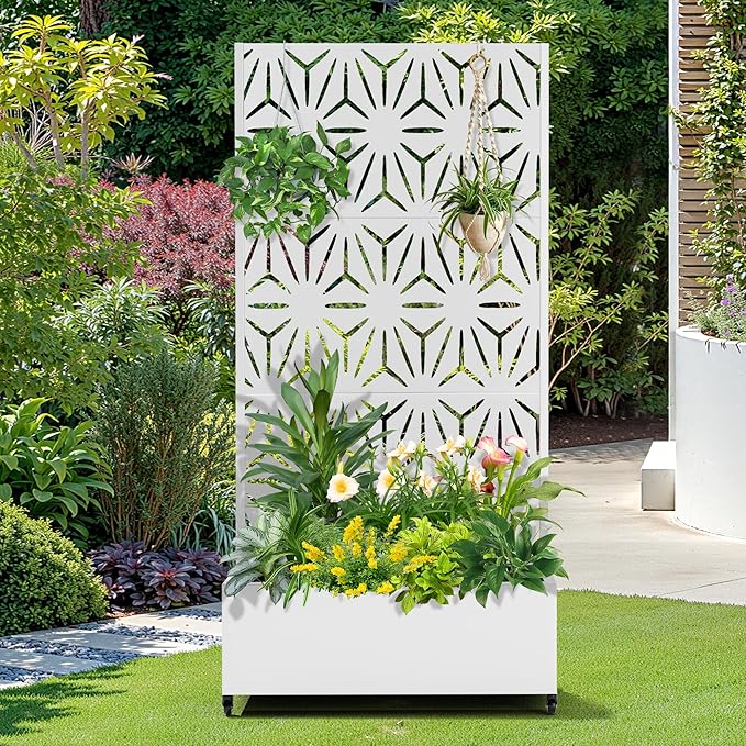 FENCY Metal Raised Garden Bed with Wheels and Trellis,73"x35"x16" Planter Box for Climbing Plants, Vegetables & Vines, Features Privacy Screen and Drainage Holes (White-Star)