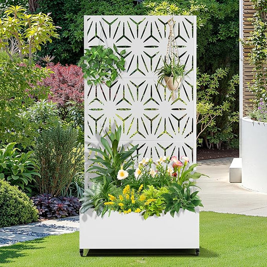 FENCY Metal Raised Garden Bed with Wheels and Trellis,73"x35"x16" Planter Box for Climbing Plants, Vegetables & Vines, Features Privacy Screen and Drainage Holes (White-Star)