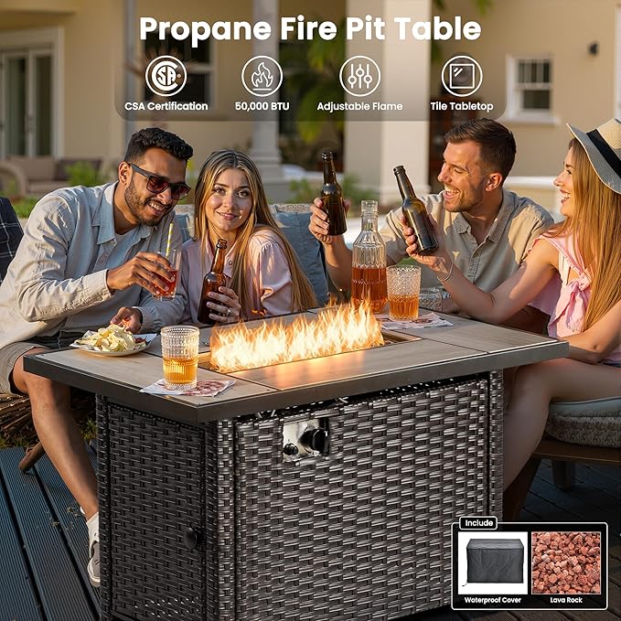 ovios 7-Pieces Patio Furniture Set with 42 Inch Fire Pit Table Swivel Chairs, Outdoor Wicker Sofa Couch Gliders Rocker, High Back Modern Conversation Set, Brown Rattan, Navy Blue