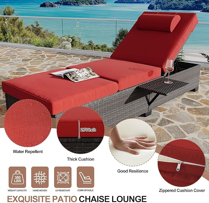 Outdoor PE Wicker Chaise Lounge Chairs, Set of 2, Brown Rattan, Modern Style, Adjustable Backrest, Recliners with Red Cushion