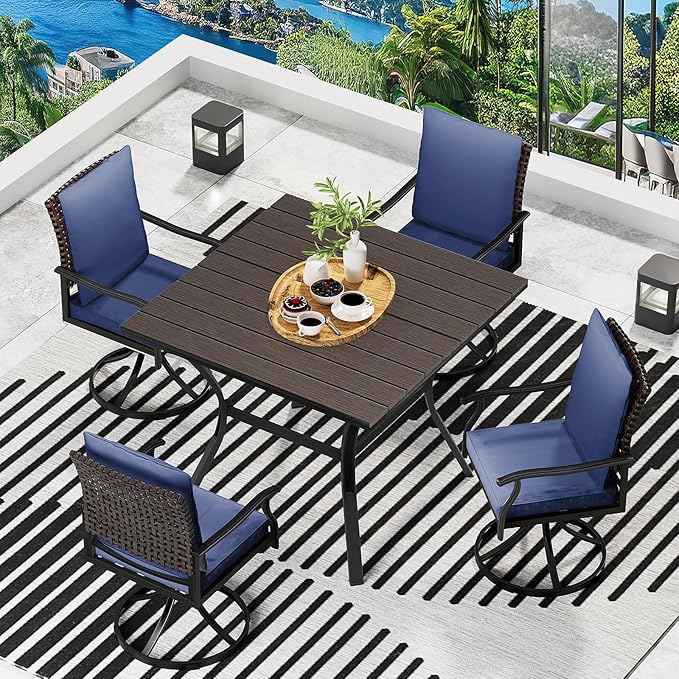 LEVELEVE 5 Piece Outdoor Patio Dining Set with 4 Swivel Dining Chairs & 1 Large Square Dining Table,Bistro Furniture Set for Lawn, Garden, Deck, Backyard and Porch
