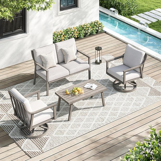 Patio Conversation Sets 4 Pieces - Aluminum Loveseat Outdoor Furniture Sets with Thick Cushion, Coffee Table and Swivel Chairs Set of 2, Rustproof and Waterproof for Porch Deck Yard, Grey