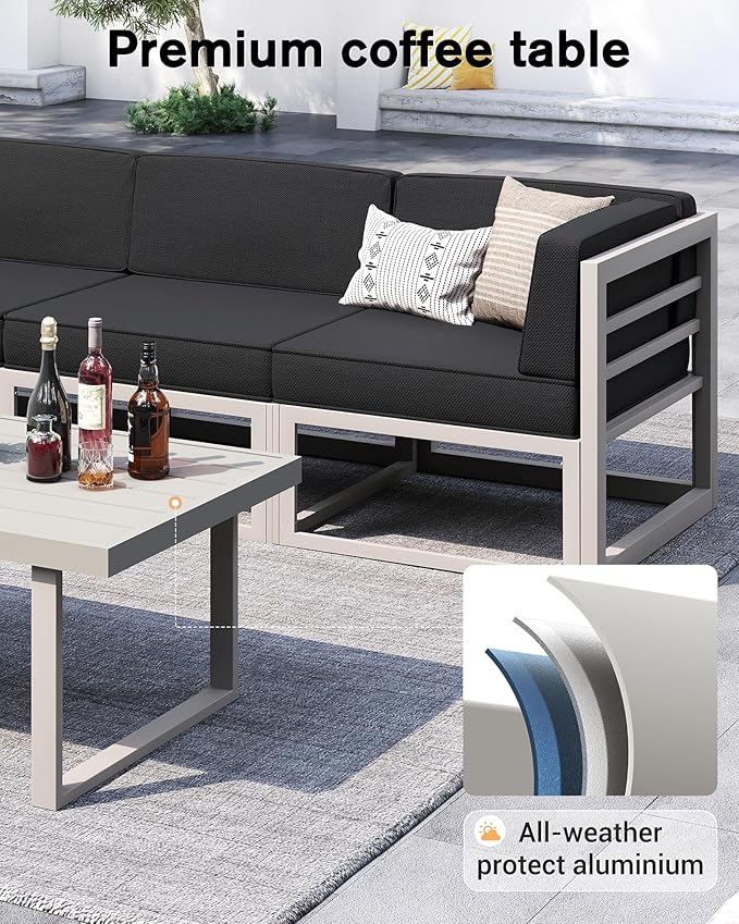 UDPATIO Aluminum Patio Furniture Set with Fire Pit Table, Modular Oversized Outdoor Sectional of Olefin 5 inch Cushion, Coffee Table and Waterproof Cover, Patio Conversation Sets for Porch, Deck