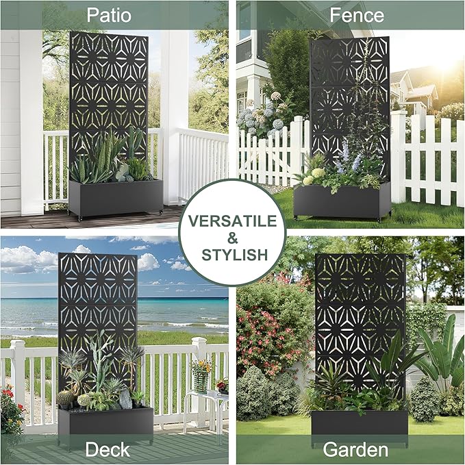 Metal Standing Planter Box with Trellis & Wheels, Raised Bed with Privacy Screen for Garden, 35"L Outdoor Garden Boxes with Drainage Holes for Climbing Plants, Flowers, Vines (Black Star)