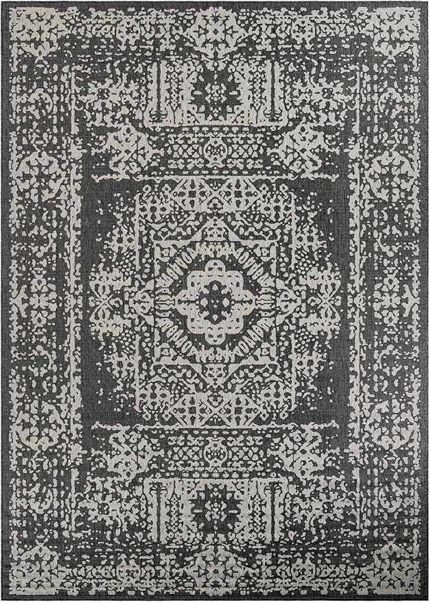 Unique Loom Outdoor Traditional Collection Area Rug - Timeworn (10' x 14' 1" Rectangle Charcoal Gray/Gray)