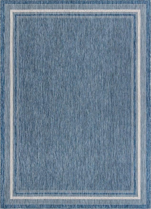 Unique Loom Outdoor Border Collection Area Rug - Soft Border (10' x 14' 1" Rectangle, Blue/ Ivory)