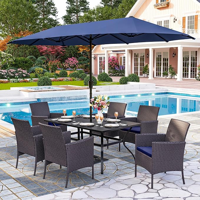 PHI VILLA 7 Piece Outdoor Dining Set with Umbrella, 60” Rectangular Metal Dining Table & 6 Cushioned Rattan Wicker Chairs & 13ft Large Blue Umbrella for Patio, Deck, Yard, Porch