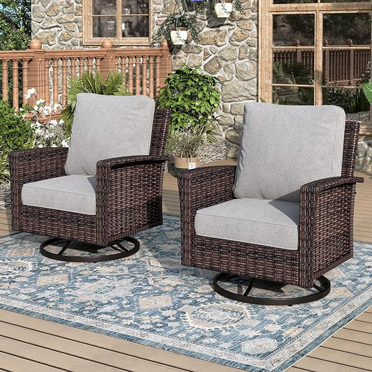 Swivel Patio Wicker Chairs Set of 2, High Back Outdoor Swivel Patio Rattan Chairs with 5.5" Thick Cushions for Bistro Balcony Porch Deck and Yard, Light Grey