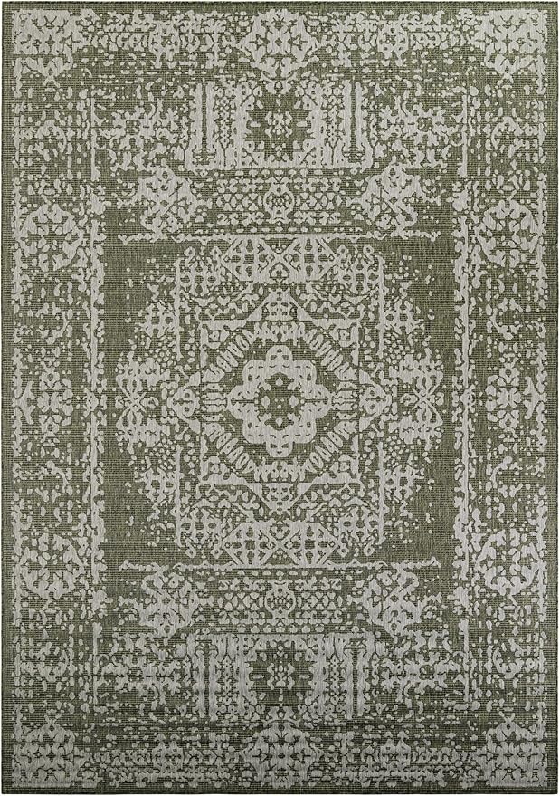 Unique Loom Outdoor Traditional Collection Area Rug - Timeworn (10' x 14' Rectangle Green/Ivory)
