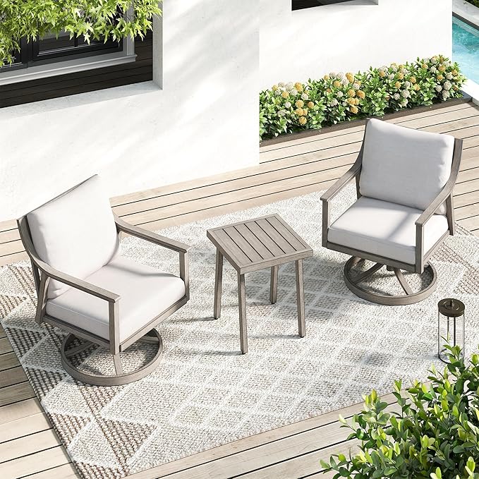 3-Piece Patio Conversation Bistro Sets, Outdoor Aluminum Bistro Sets with Thick Cushion, Modern Side Table and Swivel Chairs Set of 2, Rustproof and Waterproof for Porch Deck Garden, Grey