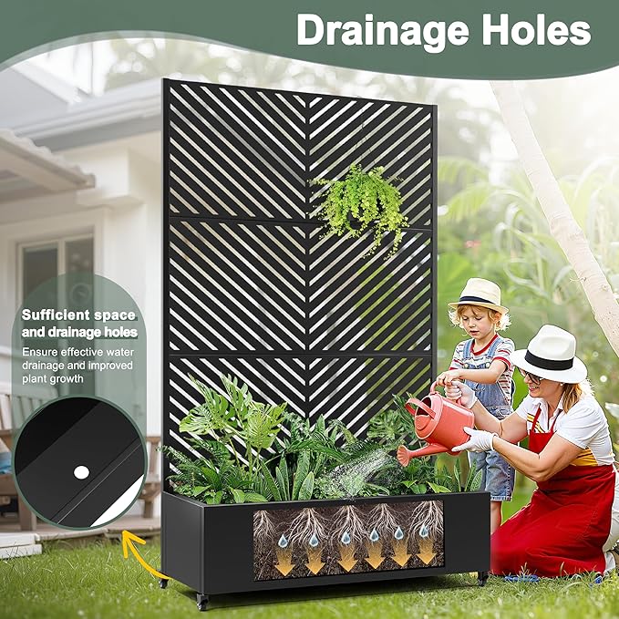 Large Metal Raised Garden Beds with Privacy Screen, Standing Planter Box with Trellis & Wheels for Outdoor Climbing Plants, Garden Boxes with Drainage Holes for Patio (47"L, Black Parallel)