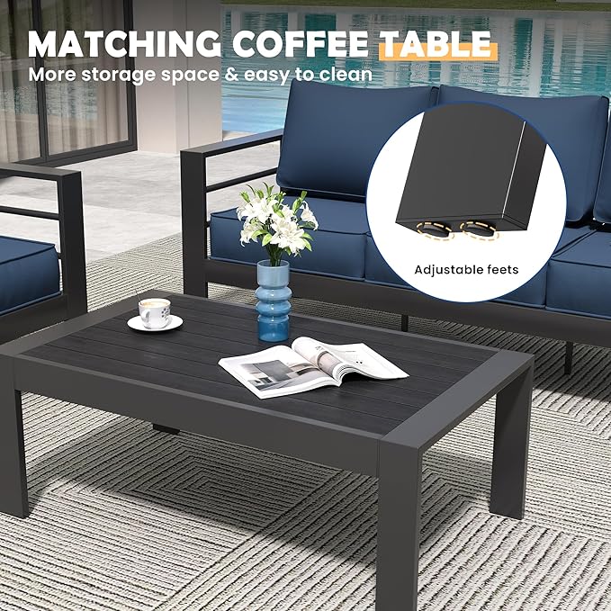 Amopatio Aluminum Patio Furniture Set, 10 Pieces Modern Patio Conversation Sets, Outdoor Sectional Metal Sofa with Coffee Table for Balcony, Garden, Dark Grey&Blue (Included Waterproof Covers)