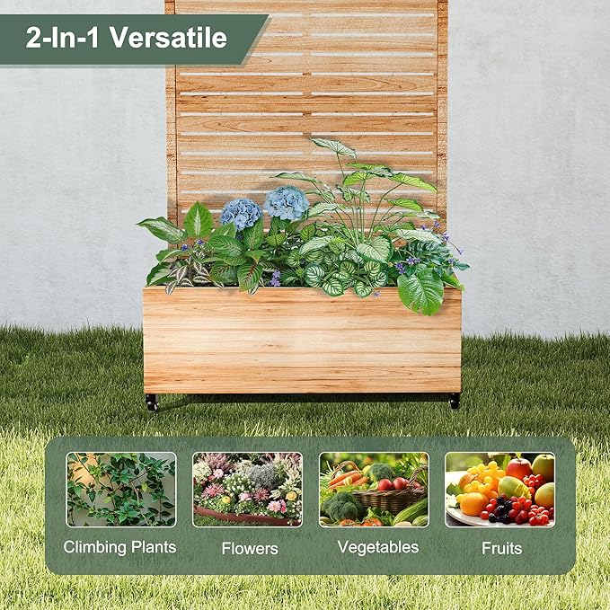 Metal Planter Box with Trellis for Climbing Plants, Privacy Planter with Trellis, Standing Planters Boxes with Privacy Screen, Drainage Holes (35" L, Arch White Wood Grain)