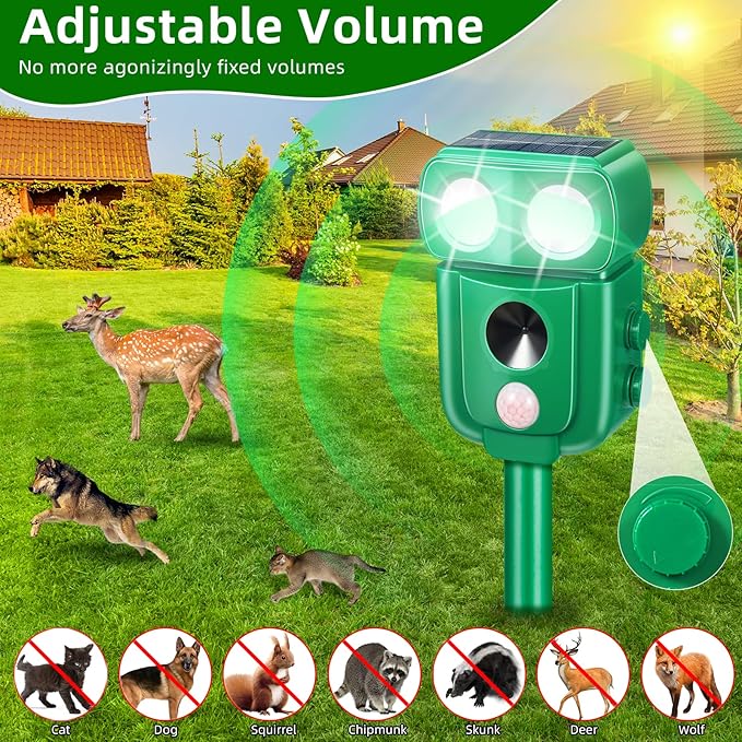 2 Pack Solar Animal Repeller Ultrasonic Deer Repellent Devices Cat Repellent Outdoor to Keep Cats Away Squirrel Skunk Dog Raccoon Coyote Fox Deterrent with Motion Sensor & Light for Farm Garden Yard