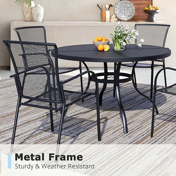 5 Piece Outdoor Dining Set, Patio Dining Set for 4, 42" Mesh Round Table with 4 Black Metal Mesh Outdoor Dining Chairs with Armrest for Lawn, Garden, or Porch