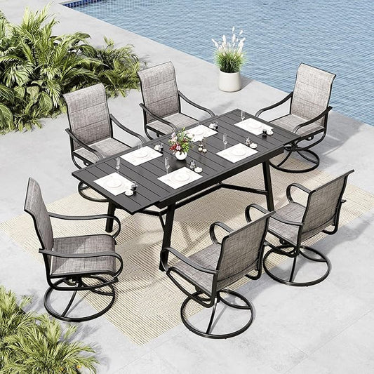MFSTUDIO Outdoor Dining Set for 6, Expandable Patio Table and Chairs Set, 7 Piece Patio Furniture Set for Deck/Backyard/Poolside/Garden