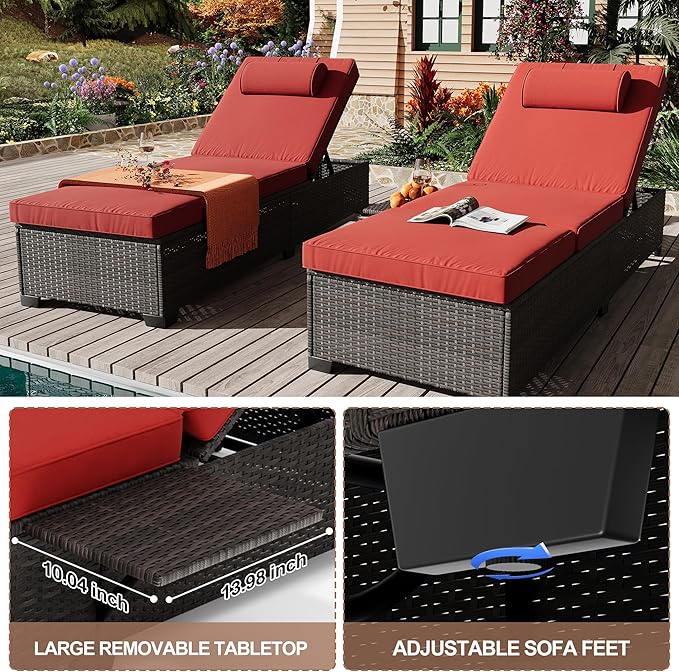 Outdoor PE Wicker Chaise Lounge Chairs, Set of 2, Brown Rattan, Modern Style, Adjustable Backrest, Recliners with Red Cushion
