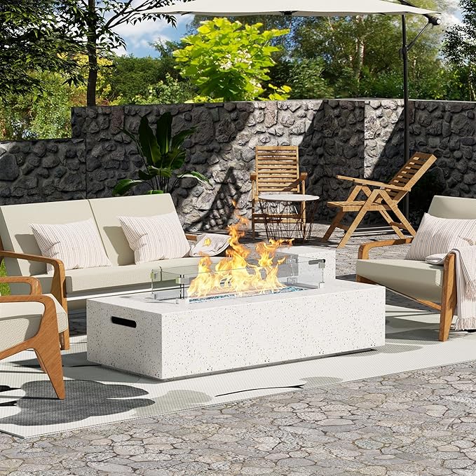 NAGA HABNA 56 Inch Propane Fire Pit Table, Rectangle Outdoor Fire Table w Tank Table (50,000 BTU), 3 Piece Gas Fire Pit w Glass Wind Guard and Blue Fire Glass for Garden, Pool, Backyard