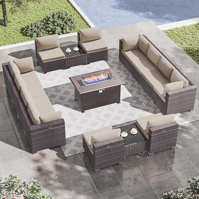Outdoor Patio Furniture Set with Propane Fire Pit Table, 15 Pieces Outdoor Furniture Patio Sectional Sofa Conversation Set w/ETL Approved 43" Gas Outdoor Fire Table & Coffee Table(Brown).