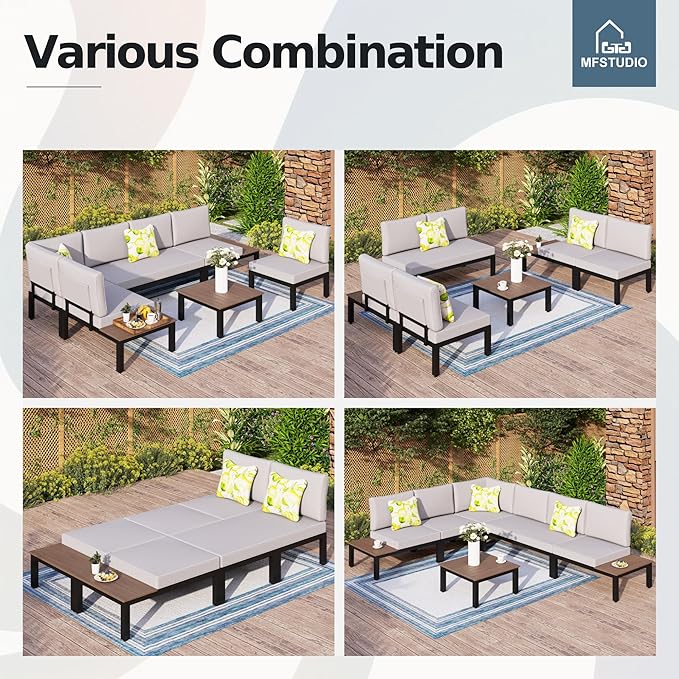 MFSTUDIO 6 Pieces Patio Furniture Set, Outdoor Sectional Metal Frame Patio Conversation Set, Modular Outdoor Couch with Coffee Table&Removable Cushion for Backyard, Garden
