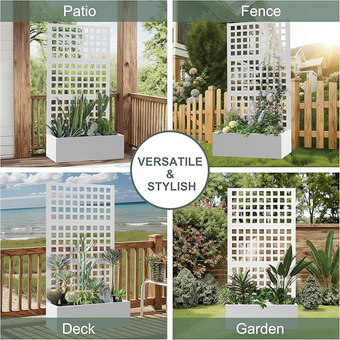 Metal Planter Box with Trellis, Raised Garden Bed for Climbing Plants, Privacy Screen with Garden Boxes，Drainage Hole for Vegetables, Flowers, Vines (35" L×16" W×71" H, White)