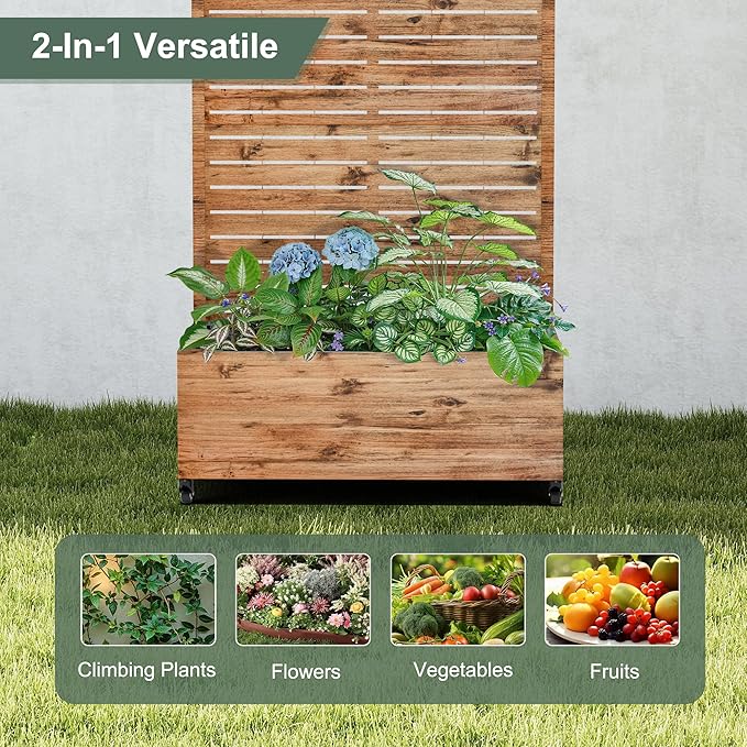 Metal Raised Garden Beds with Trellis and Wheels for Climbing Plants, Flowers, Large Planter Box with Privacy Screen & Drainage Holes for Patio (35" L, Brown Log Grain)