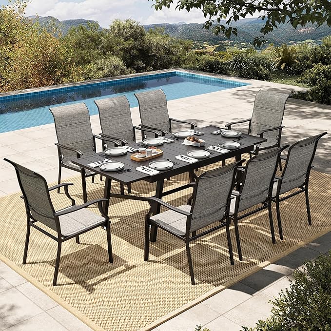 HERA'S HOUSE Patio Dining Set for 8, 9 Piece Table Chairs Set with 8 All Weather High Back Dining Chairs and Extendable Large Surface Metal Table, Outdoor Furniture Dining Set for Lawn, Garden, Porch