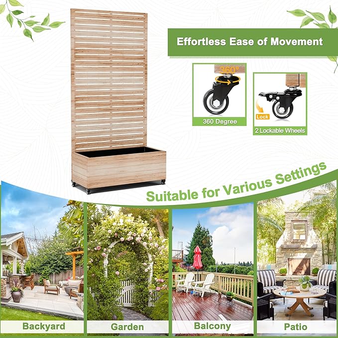 FENCY Metal Raised Garden Bed with Wheels and Trellis,73"x35"x16" Planter Box for Climbing Plants, Vegetables & Vines, Features Privacy Screen and Drainage Holes (Acacia Wood Finish)