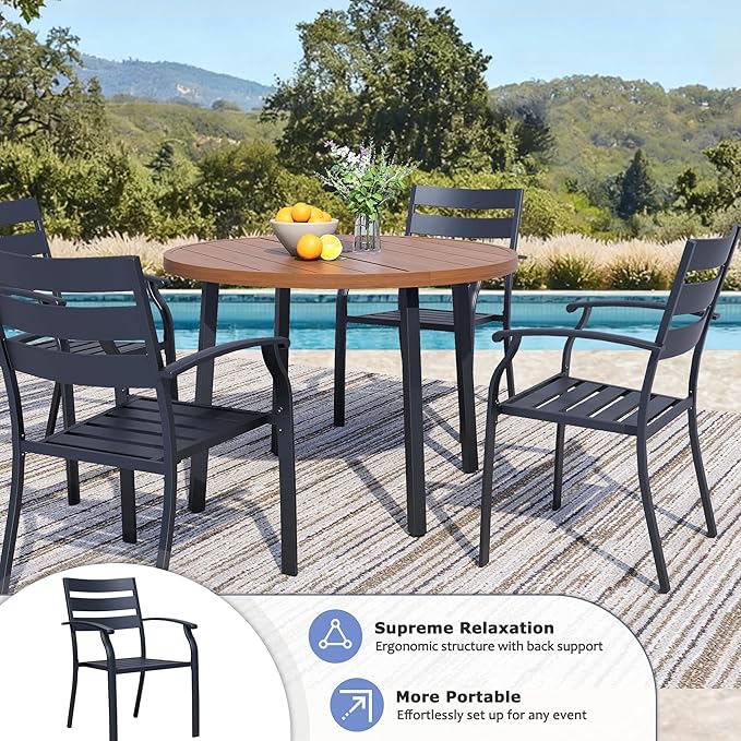 Patio Dining Chairs Set of 8, Black Stackable Outdoor Dining Chairs with Armrest and Wide Back, Wrought Iron Patio Furniture Chairs for Lawn, Backyard, Garden & Deck, Supports 300 LBS