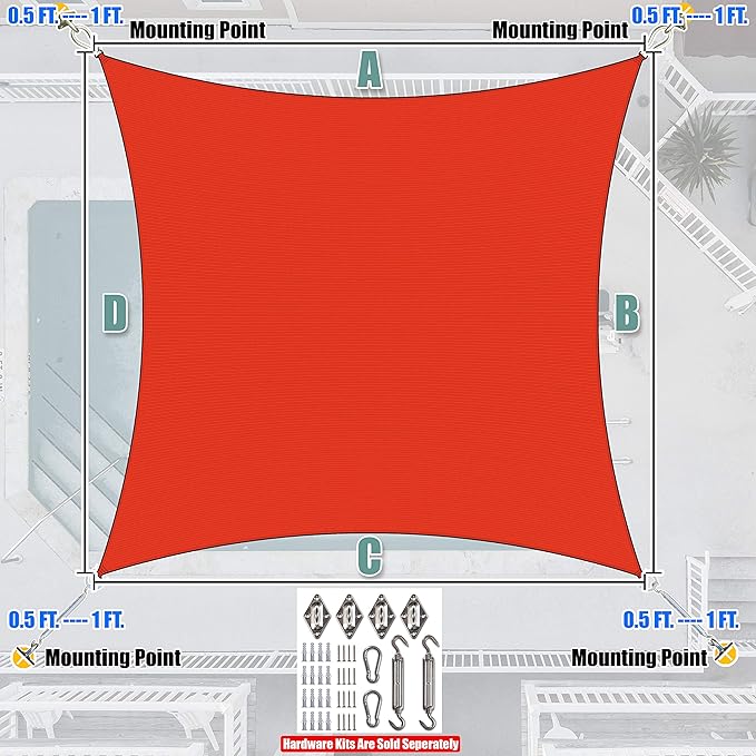 Amgo Custom Size 16' x 18' Red Rectangle Square Sun Shade Sail UPF50+ AGTAPR1620, Order to Make Canopy Awning, 95% UV Blockage, Water & Air Permeable, Commercial and Residential (We Customize)