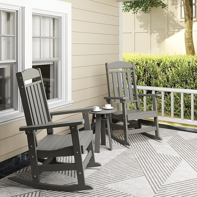 Outdoor Rocking Chairs Set of 6, Oversized High Back Patio Rocking Chairs, All Weather Porch Rocking Chairs for Outside. Dark Grey
