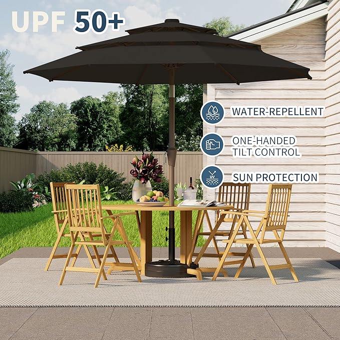 9FT 3 Tiers Patio Umbrella With Auto Tilt and Crank, Outdoor Table Market Umbrella with 8 Sturdy Ribs for Garden,Lawn,Deck,Backyard and Pool,Black