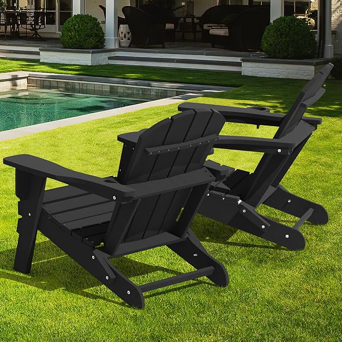 LOUNZY Folding Adirondack Chair with Cup Holder, HDPE All-Weather Folding Patio Chair, Outdoor Patio Adirondack Chair for Lawn Porch Garden Backyard Deck Fire Pit, Black
