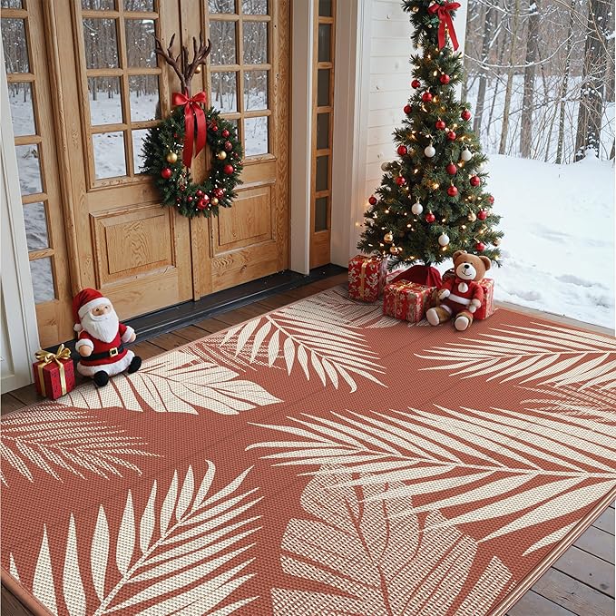 GENIMO Outdoor Rug 6' x 9' Waterproof for Patios Clearance, Reversible Plastic Straw Camping Carpet, Area Rug for RV, Picnic, Backyard, Deck, Balcony, Porch, Beach, Christmas Decorations, Brick&Red