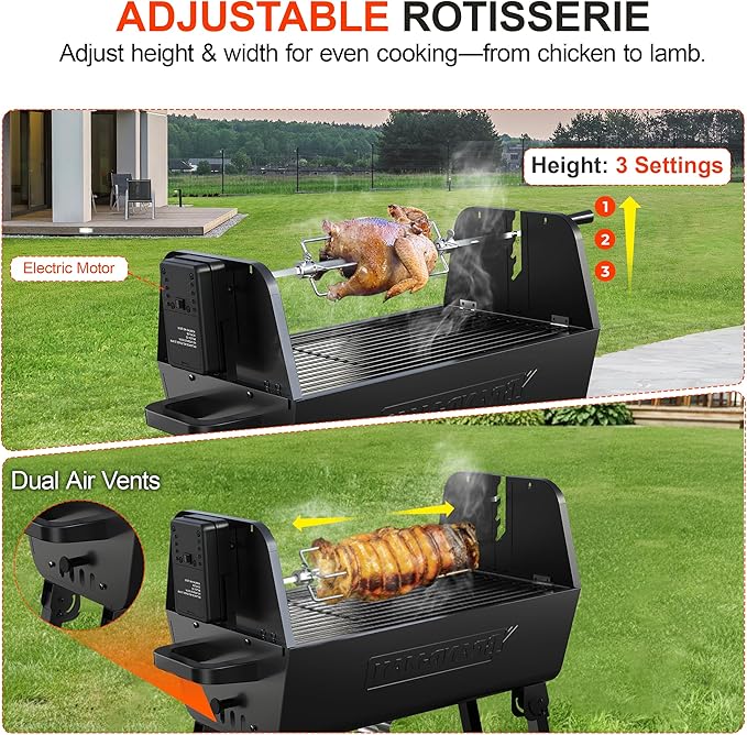 Brand‑Man 2‑in‑1 Charcoal BBQ Grill with Motorized Rotisserie – Portable, Foldable Grill, 257 sq in Outdoor BBQ Grill for Camping & Tailgate, Adjustable Height, Dual Vents