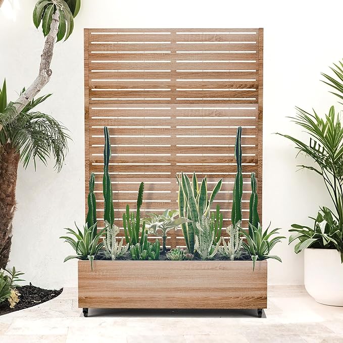 Metal Planter Box with Trellis Privacy Screen, Outdoor Raised Garden Beds with Wheels & Drainage Holes (47" L, Brown Oak Grain)