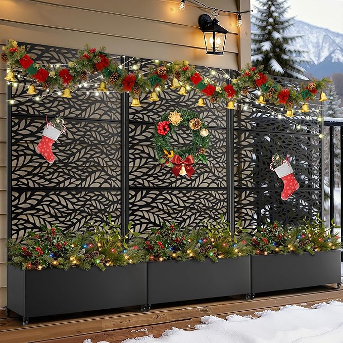 FENCY Metal Raised Garden Bed with Wheels and Trellis,73"x35"x16" Planter Box for Climbing Plants, Vegetables & Vines, Features Privacy Screen and Drainage Holes (Black-Leaf)
