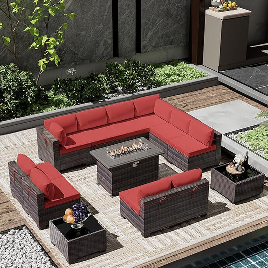 Outdoor Patio Furniture Set with Gas Fire Pit Table, 13 Pieces Outdoor Furniture Set Patio Sectional Sofa w/43in 55000 BTU Propane Fire Pit, PE Wicker Rattan Patio Conversation Sets - Red