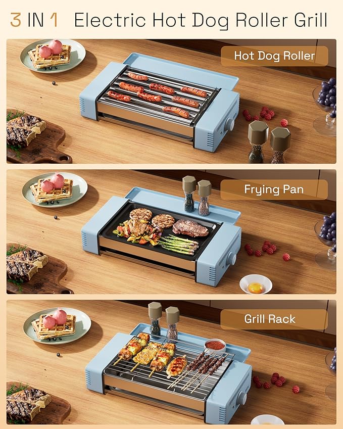 HBN 3-in-1 Hot Dog Roller Grill Machine with Nonstick Plate & Grill Rack, 800W Compact Indoor Electric Sausage Griller for Kitchen, Home, Small Space Use (Sky Blue)