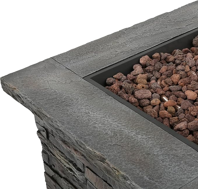 Outdoor Propane Fire Pit Table, 33 Inch Square MGO Concrete Fire Pit with Lava Rocks, Smokless Fire Table for Outside Patio, Garden, Backyard, 40,000 BTU, Tank Inside, Stone Gray