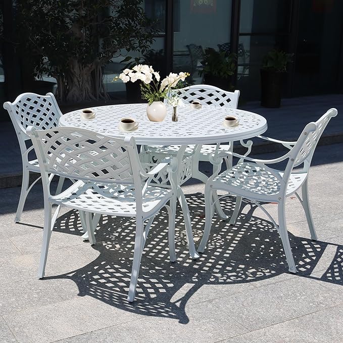 5 Piece Patio Dining Set Outdoor Patio Round Table and Chairs Set of 4 with Umbrella Hole,Cast Aluminum White Outdoor Bistro Dining Set, Patio Furniture Set for Garden,White