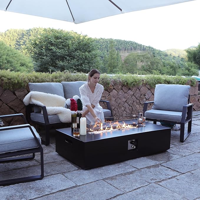 56" Outdoor Propane Fire Pit Table, Rectangle Terrazzo Fire Table w Glass Wind Guard(50,000 BTU), 2 Piece Gas Fire Table in Black w Fire Glass, Rain Cover for Outside, Backyard