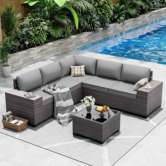 Outdoor Patio Furniture Set, 6 Pieces Outdoor Sectional Furniture High Backrest Patio Sofa, All-Weather PE Rattan Patio Conversation Set with Coffee Table & Cushions