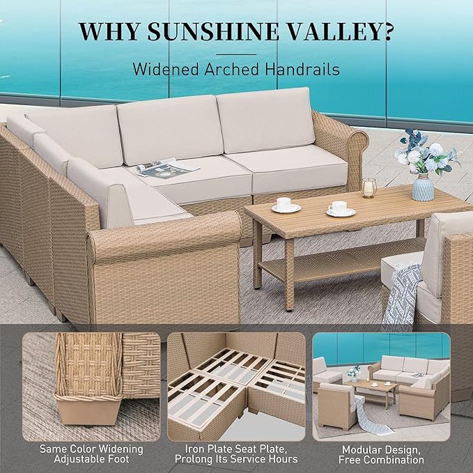 Patio Furniture Set 8 Piece, Wicker Rattan Sectional Sofa Couch with 5.5" Thick Waterproof Cushion and Coffee Table, L Shape All weather Outdoor Conversation Set for Lawn Backyard Deck, Beige