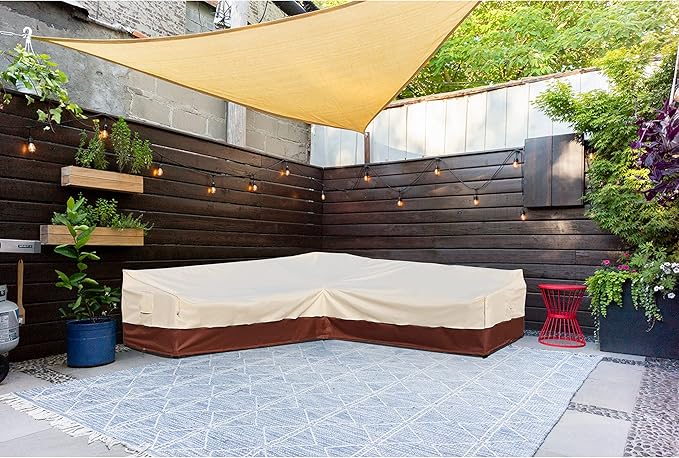 Outdoor Sectional Cover-V-Shaped Patio Furniture Covers Waterproof Rip-Stop Anti-UV 600D Heavy Duty Outdoor Couch Cover 110''L (85''L)32''D 31''H Beige & Reddish Brown