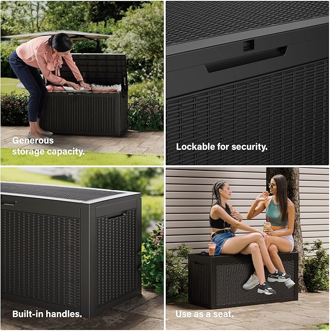 Mersco 100 Gallon Double-Wall Resin Deck Box - Lockable Waterproof Outdoor Storage Box, 1000lbs Capacity & Doubles as Seating for Patio Furniture - Garden Tools, Pool Accessories (Black)